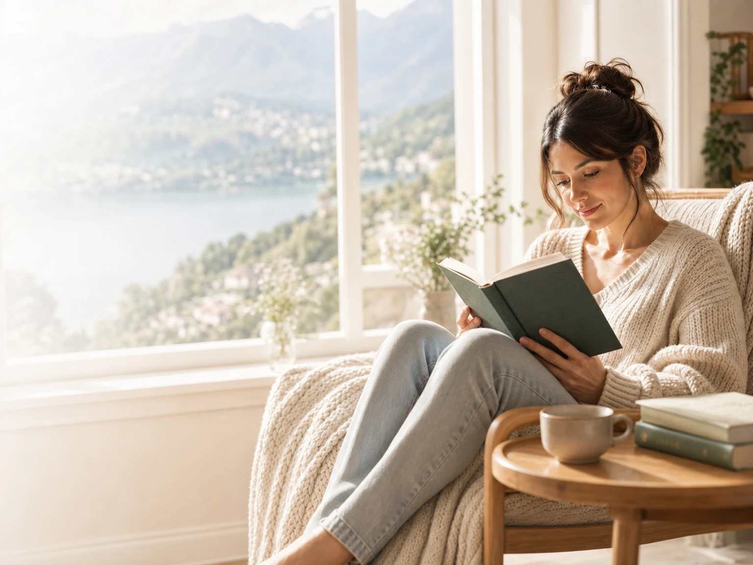 A woman reading beside a sunlit mountain view